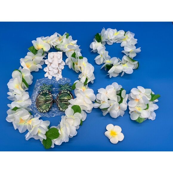 Luau Costume Set With Plumeria Accessories & Pineapple Glasses - Picture 1 of 2
